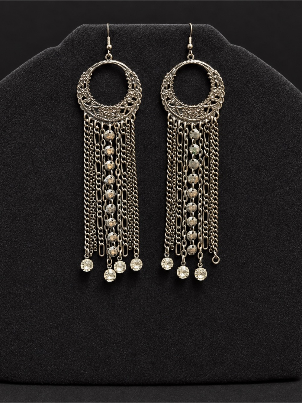 Gunmetal Filigree Chain Fringe Dangle Earrings